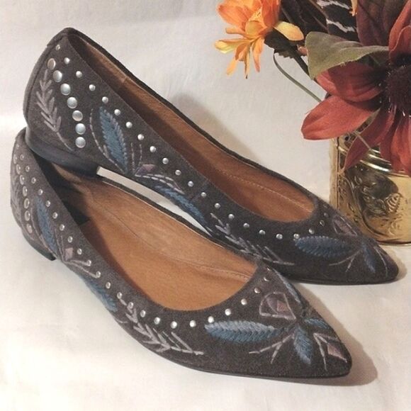 Frye Embroidered Studded Suede Flats - Picture 1 of 13